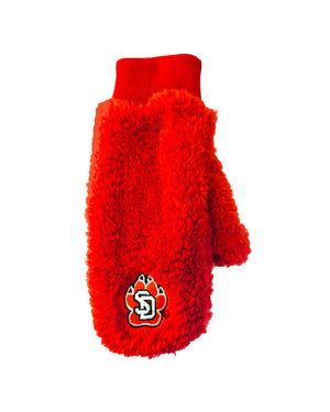 Red sherpa mittens with embroidered SD Paw logo on top near end of finger area.