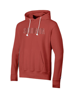 
                
                    Load image into Gallery viewer, Red vintage wash Champion Reverse weave hoodie with text that says, &amp;quot;SOUTH DAKOTA&amp;quot; on the chest in alternating black and white outlines
                
            