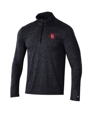 
                
                    Load image into Gallery viewer, Black heathered quarter zip with Red SD logo on upper left chest surrounded by circle and words, &amp;#39;SOUTH DAKOTA&amp;#39;
                
            