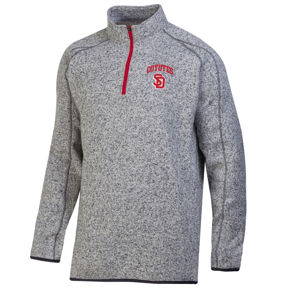 Gray marled Champion men's quarter zip with red zipper and white and red SD logo with, 'COYOTES,' above on upper left chest. 