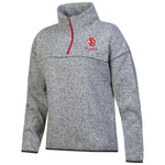 Marled gray Champion women's quarter zip with red zipper and white and red SD logo with script, 'Coyotes,' under on upper left chest. 