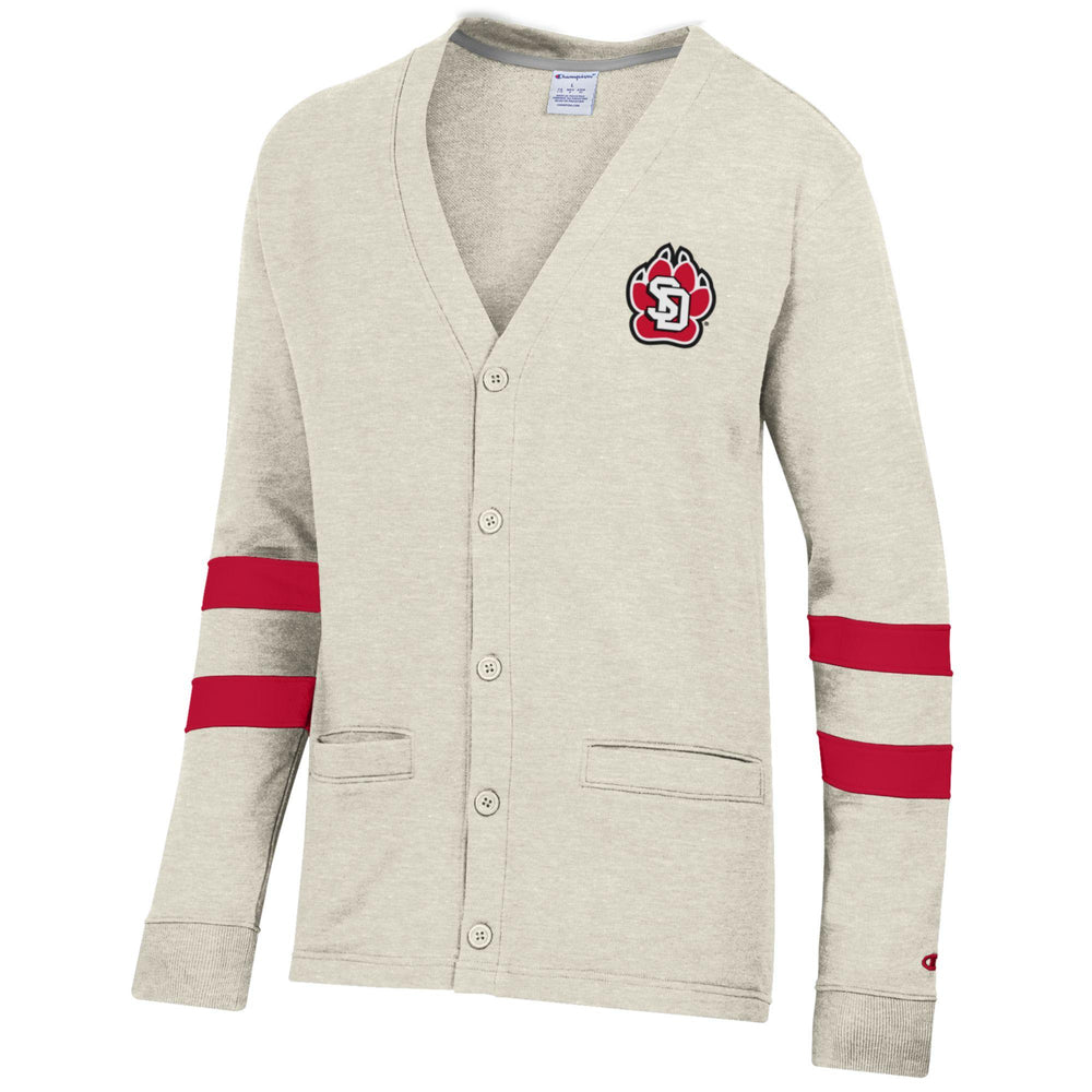 Oatmeal button up cardigan with two red stripes at elbow of each sleeve and red, black and white SD Paw logo on upper left chest.