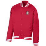 Red Champion Bomber jacket with red and white striped sleeve and hem cuffs and SD Paw logo on upper left chest. 