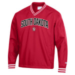 Red pullover v-neck with red and white striped sleeve cuffs and detail at neckline. Black and white text across chest, 'SOUTH DAKOTA,' with small SD Paw logo below.