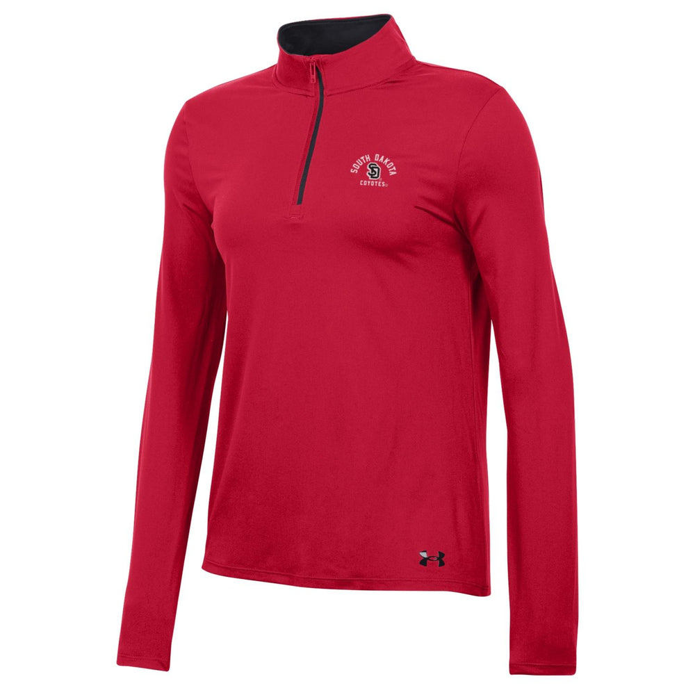 Red long sleeve woman's quarter zip with SD logo on top left chest