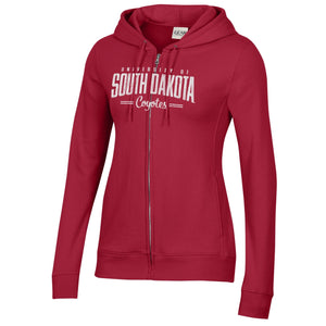 Women's red full zip with white text, 'UNIVERSITY OF SOUTH DAKOTA Coyotes,' across chest. 