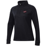 Women's black quarter zip with red and white script, 'USD,' on upper left chest. 