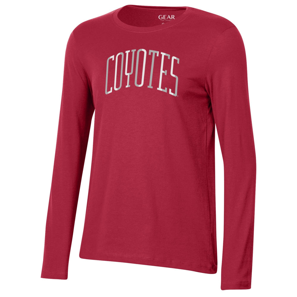 Women's red long-sleeve tee with white and gray text, 'COYOTES,' across chest.