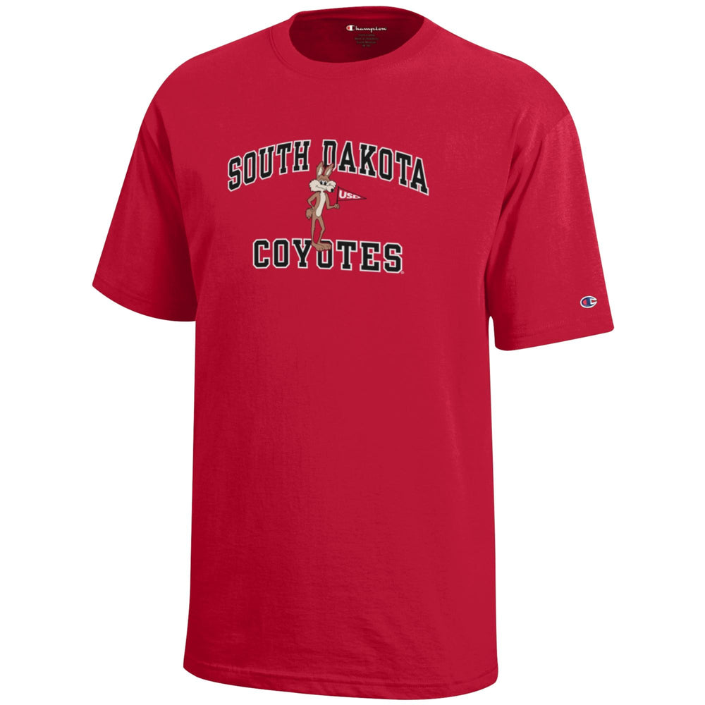 Red youth t-shirt with 'South Dakota Coyotes' text and vintage Charlie.
