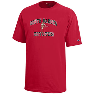 Red youth t-shirt with 'South Dakota Coyotes' text and vintage Charlie.