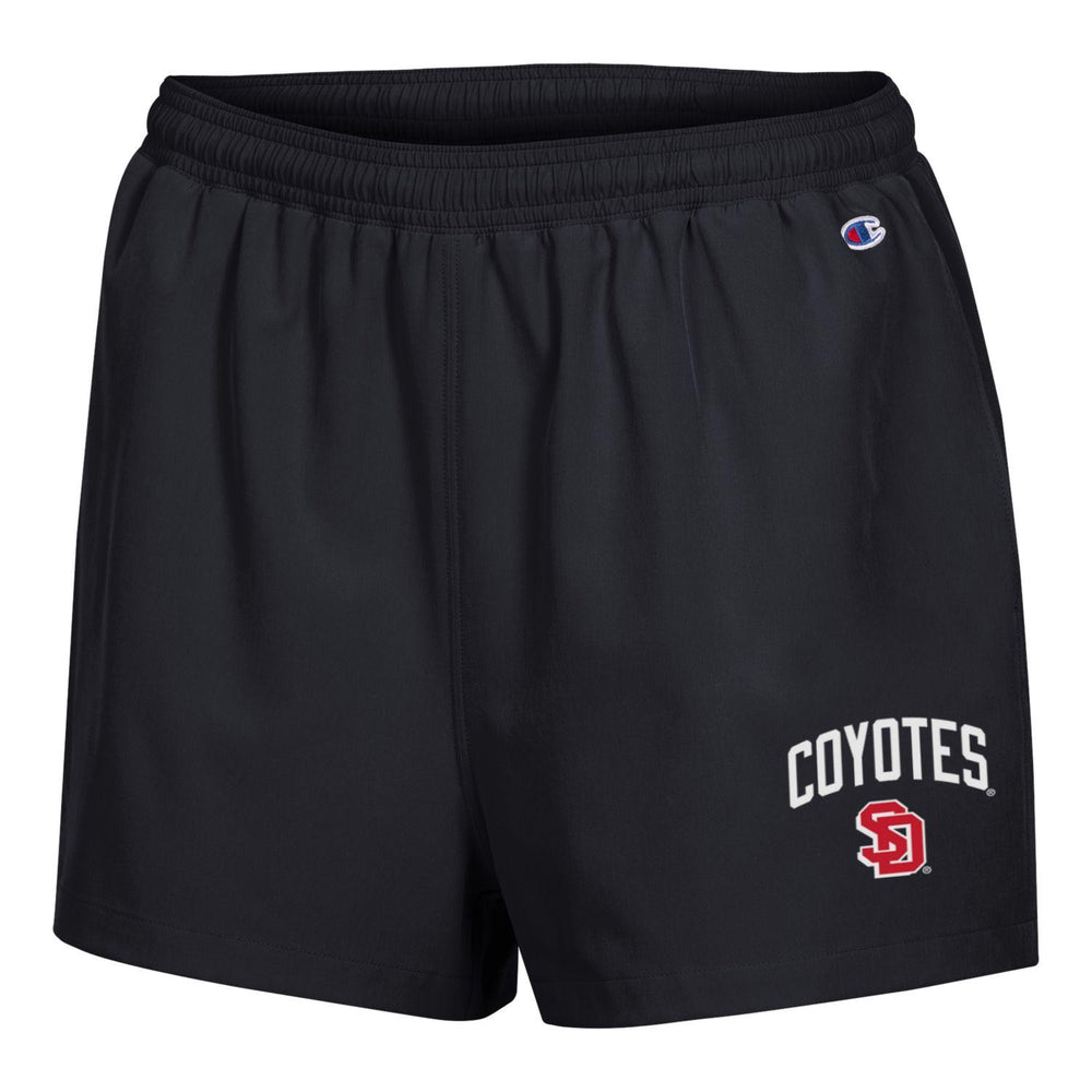 
                
                    Load image into Gallery viewer, Women&amp;#39;s black high waisted loose shorts with text, &amp;#39;COYOTES&amp;#39; in white and red SD logo on bottom left leg
                
            