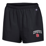 Women's black high waisted loose shorts with text, 'COYOTES' in white and red SD logo on bottom left leg