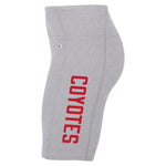 Women's gray bike shorts with red text, 'COYOTES' down the side of the left leg