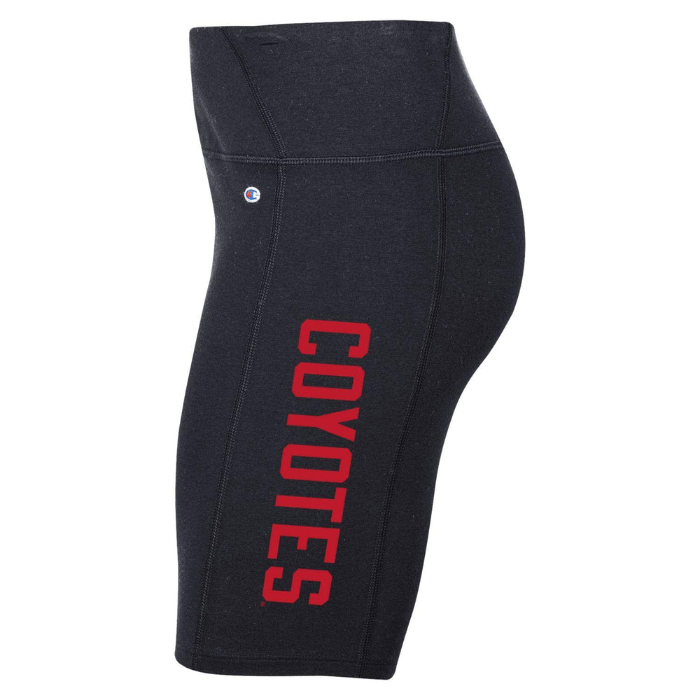 Women's black bike shorts with red text, 'COYOTES' down the side of the left leg