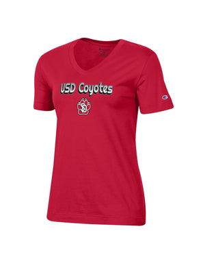 Women's red short sleeve v-neck tee with text, 'USD Coyotes' in white black and gray and the SD paw logo below across chest