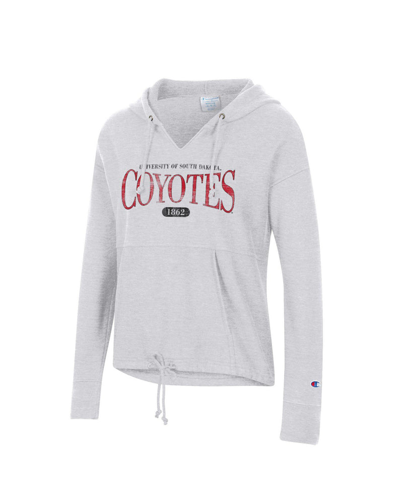 Women's heather gray vintage reverse weave anorak hoodie with bottom drawstring and text, 'UNIVERSITY OF SOUTH DAKOTA COYOTES 1862' across chest in red and black