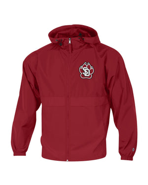 Red light weight full zip jacket with SD Paw logo on upper left chest