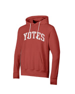 Red vintage wash reverse weave Champion hoodie with text, 'YOTES' in white across chest