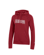 Women's red hoodie with white text, 'UNIVERSITY OF SOUTH DAKOTA COYOTES' across chest