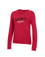 Red long sleeve Champion with black South Dakota lettering and white Coyotes on chest