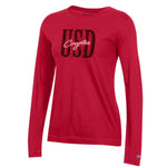 Women's red long sleeve with black text, 'USD' and white script text, 'Coyotes' across chest