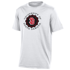 White short sleeve youth tee with text, 'University of South Dakota' in black and large black shape with red and white SD logo