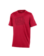 Red short sleeve youth tee with text, 'YOTE NATION' on chest in darker red