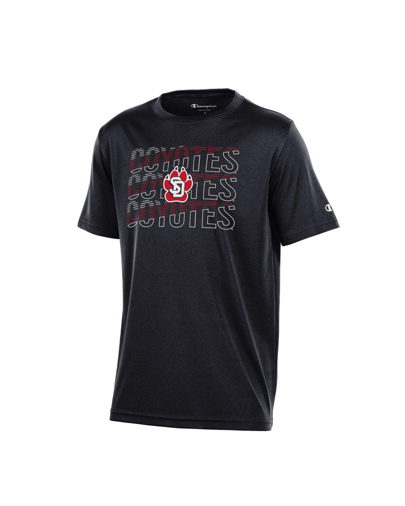 Black Youth athletic tee with text, 'COYOTES COYOTES COYOTES' and SD Paw logo across chest in white and red