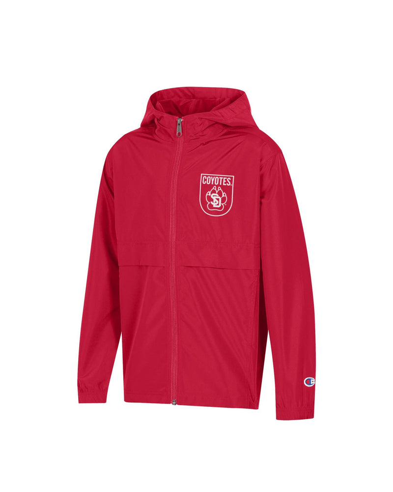 
                
                    Load image into Gallery viewer, Red youth full zip jacket with white SD paw logo and text, &amp;#39;COYOTES&amp;#39; on the upper left chest
                
            