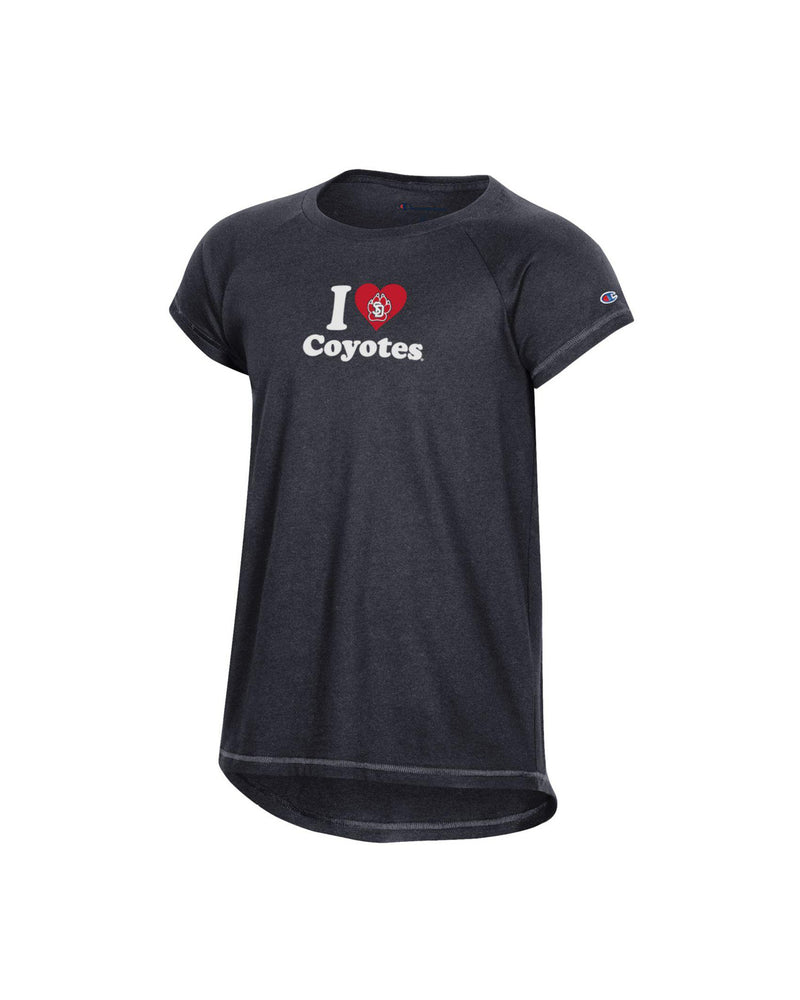 Black short sleeve with text, 'I heart Coyotes' on chest with heart and SD Paw logo