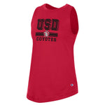 Red tank top with black text, 'USD COYOTES' across chest with SD Paw logo