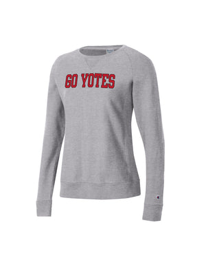 
                
                    Load image into Gallery viewer, Women&amp;#39;s heather gray reverse weave crew with red and black text, &amp;#39;GO YOTES&amp;#39; across chest
                
            