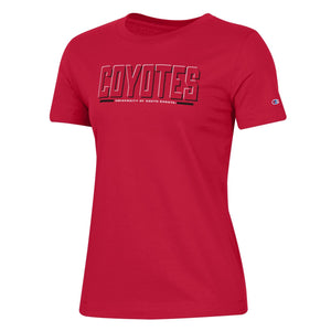 Women's red short sleeve tee with text, 'COYOTES UNIVERSITY OF SOUTH DAKOTA' across chest in black and white lettering