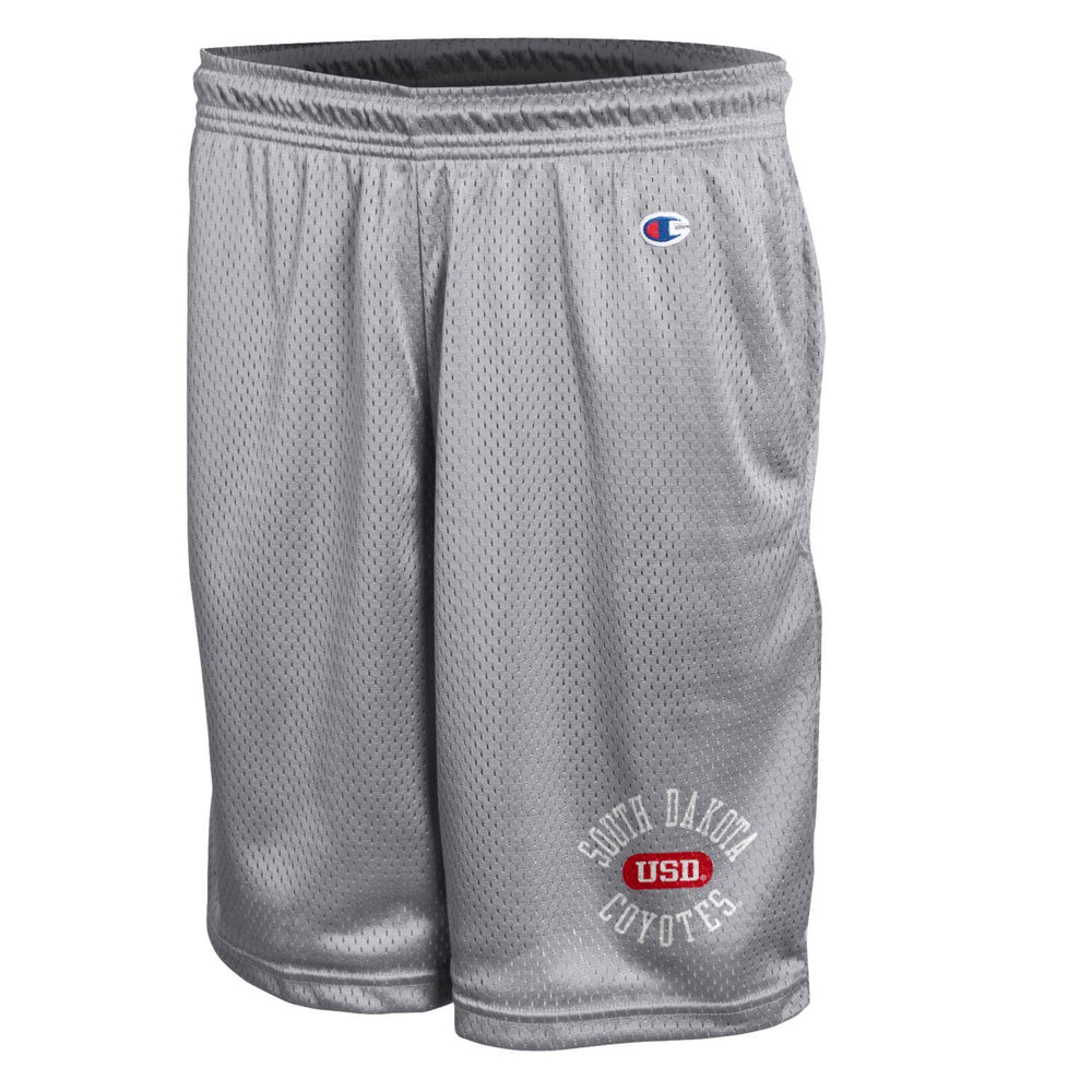 Gray mesh shorts with side pockets and white text, ' SOUTH DAKOTA COYOTES USD' on bottom of left leg