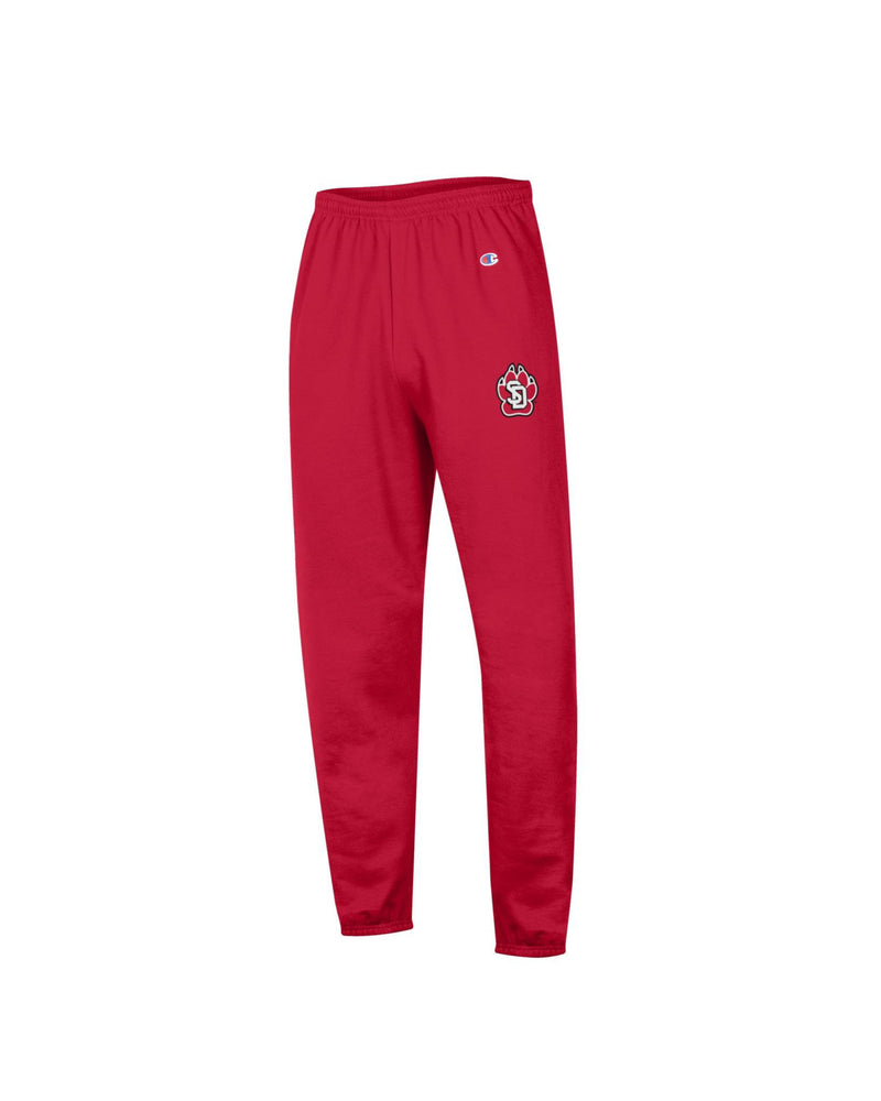 Unisex red champion fleece sweatpants with banded bottoms and SD paw logo on upper left leg