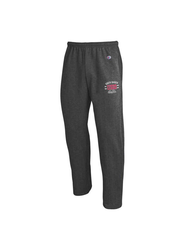 Dark gray open bottom fleece sweatpant with white and red text on upper left leg that says, 'USD SOUTH DAKOTA COYOTES EST. 1862'