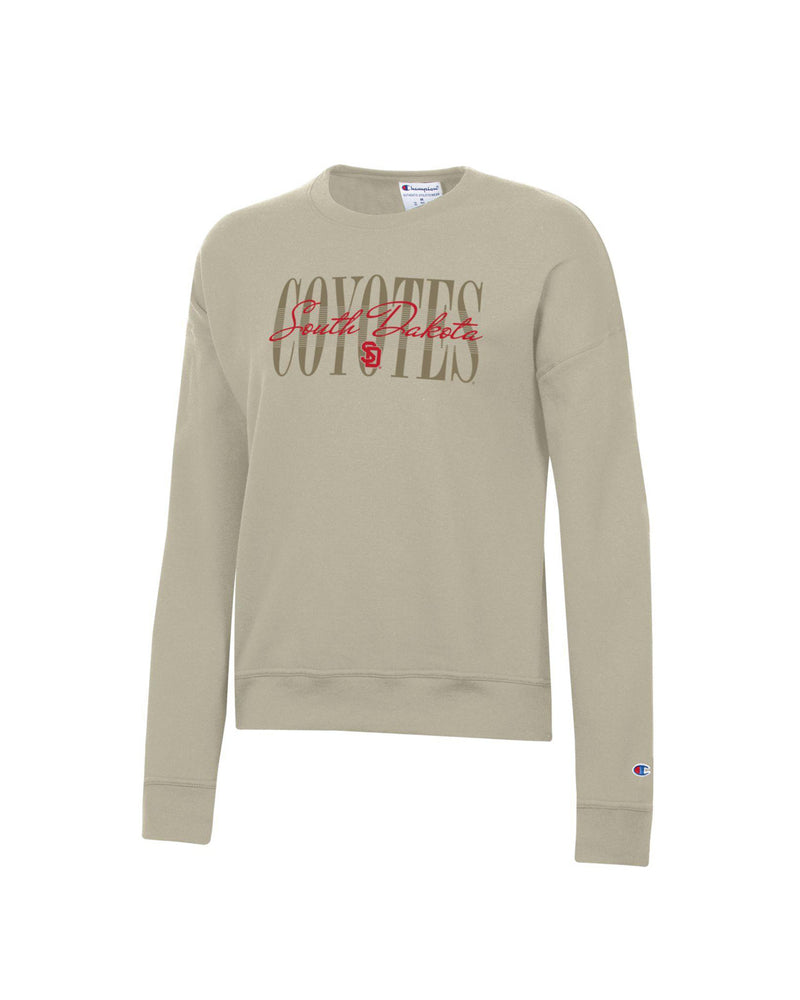 Women's cocoa butter crew with text, 'COYOTES South Dakota' across chest and red SD logo