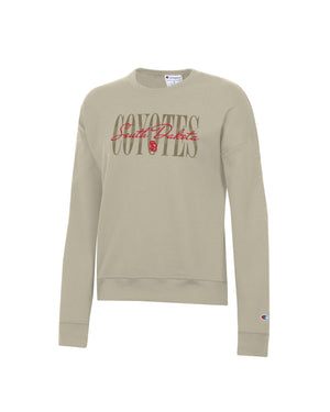 Women's cocoa butter crew with text, 'COYOTES South Dakota' across chest and red SD logo