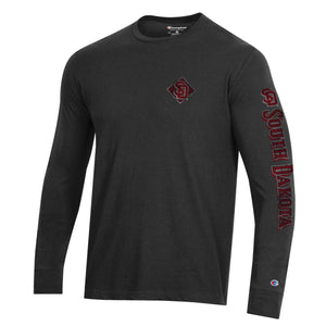 Black Champion long-sleeve with red and white distressed print down arm, 'SOUTH DAKOTA,' and SD logo on upper left chest. 