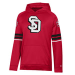 Champion red hoodie with two black and one white stripe on each arm above elbow and black, white and red SD Paw logo above. Large black and white SD logo across chest. 