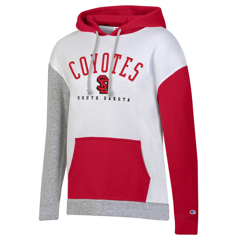 Champion women's hoodie with white torso and red sleeve, pocket and hoodie and one gray sleeve and bottom band. Red and black text across chest, 'COYOTES SOUTH DAKOTA,' with SD logo in the middle. 