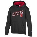 Black youth hoodie with red lined hood and red and white text slanted across chest, 'UNIVERSITY OF SOUTH DAKOTA COYOTES,' with SD logo below. 