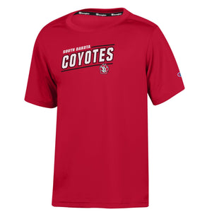 Champion red poly short-sleeve Youth tee with white and black text slanted across chest, 'SOUTH DAKOTA COYOTES,' and small SD Paw logo below.