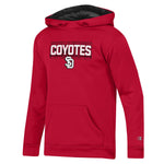 Red poly hoodie with black mesh hood lining and black and white text across chest, 'UNIVERSITY OF SOUTH DAKOTA COYOTES,' with SD logo below.