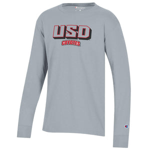 Youth gray long-sleeve with red and black, 'USD COYOTES,' across chest. 