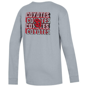 Back of youth gray long-sleeve with, 'COYOTES,' repeated four times and the SD logo in red and black over top. 