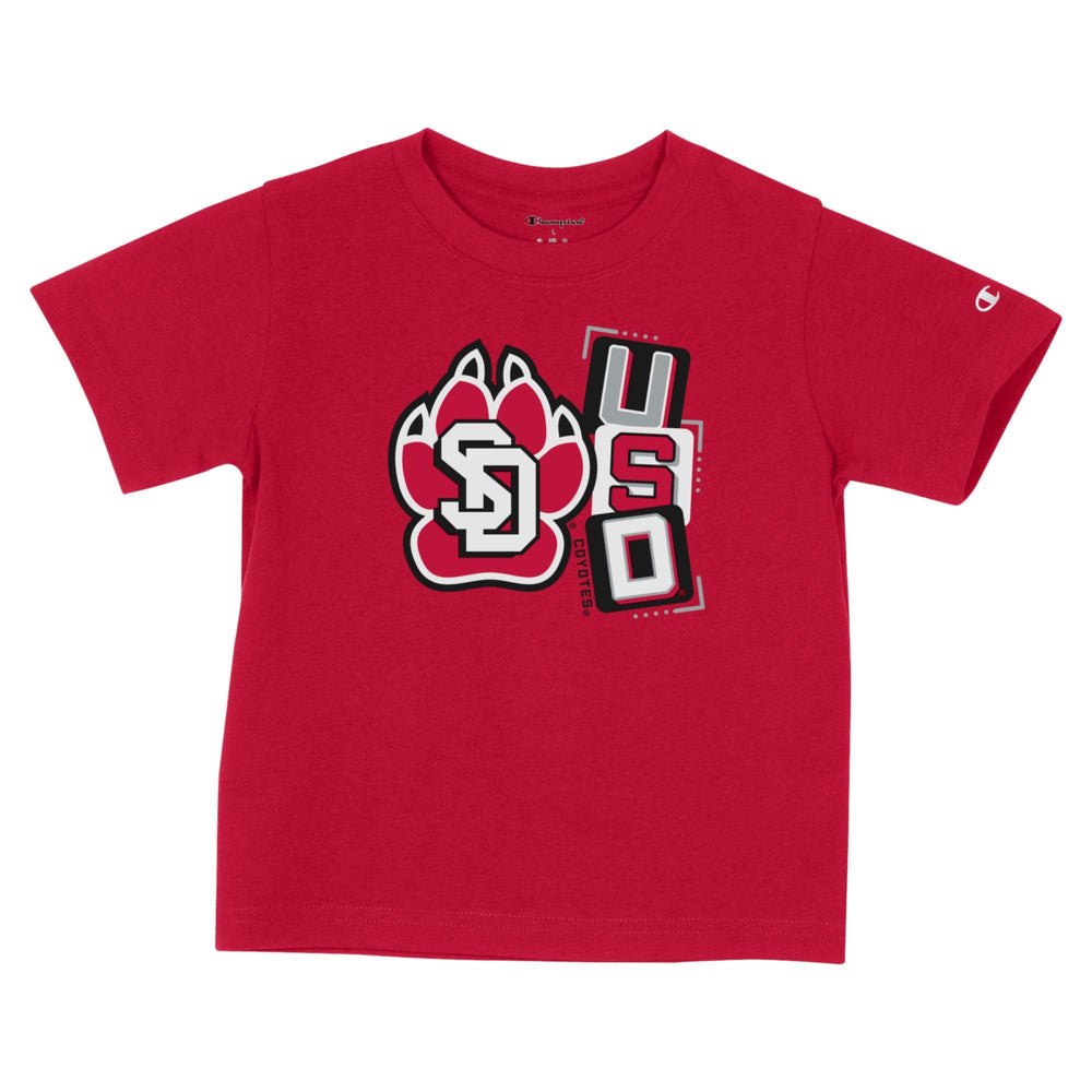 Champion red toddler short sleeve tee with large black, white and red SD Paw logo and, 'USD' stacked in blocks to the left of logo. 