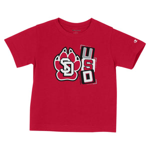 Champion red toddler short sleeve tee with large black, white and red SD Paw logo and, 'USD' stacked in blocks to the left of logo. 