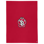 Champion stadium blanket in solid red with large black, white and red SD Paw logo in the middle. 