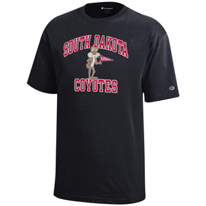 Black youth t-shirt with 'South Dakota Coyotes' text and vintage Charlie.